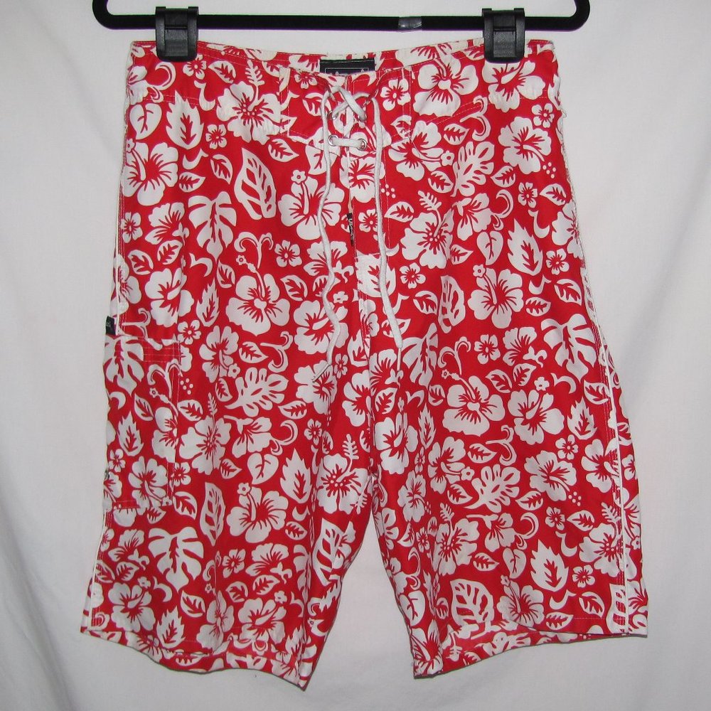 Mens' Uzzi Red White Hibiscus Flower Floral Print Board Shorts Size 32